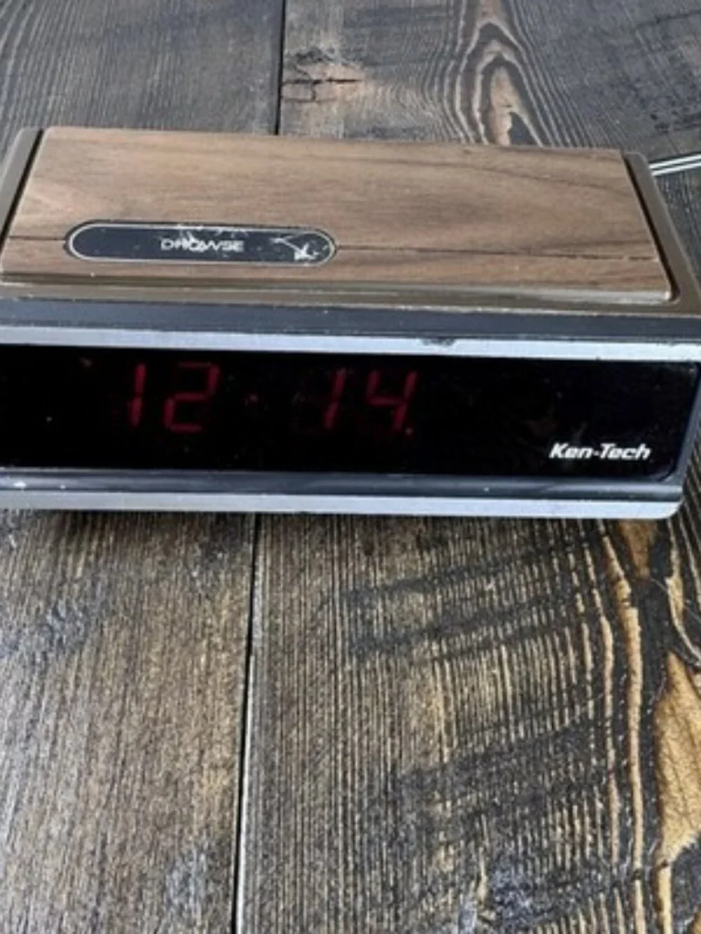 Vintage Ken-Tech Digital Alarm Clock, Model T-2096A, Wood Grain Red LED
